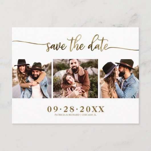 Elegant 3 Foto Collage Wedding Save the Date Postkarte (Vorderseite)