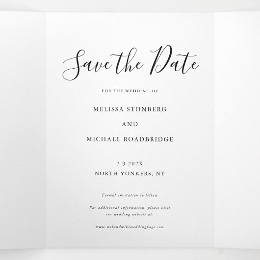 Elegant 3 Foto Script Wedding Save the Date Dreifach Gefaltete Ankündigung (Innenseite Mitte)