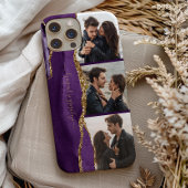 Elegant 3 Fotocollage-Namen Lila Gold Agate Case-Mate iPhone Hülle