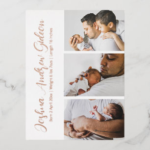 Elegant 3 Photo Foil Birth Announcement Postcard Folien Feiertagspostkarte