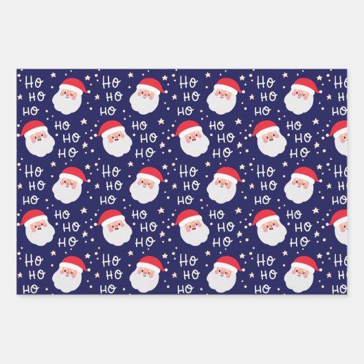 Elegant 3 Santa Face Weihnachten Ho Ho Muster Geschenkpapier Set (Vorderseite 3)