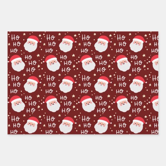 Elegant 3 Santa Face Weihnachten Ho Ho Muster Geschenkpapier Set (Vorderseite 2)
