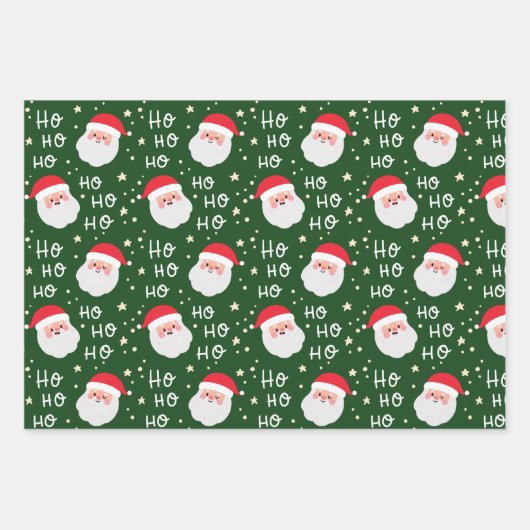 Elegant 3 Santa Face Weihnachten Ho Ho Muster Geschenkpapier Set (Vorderseite)