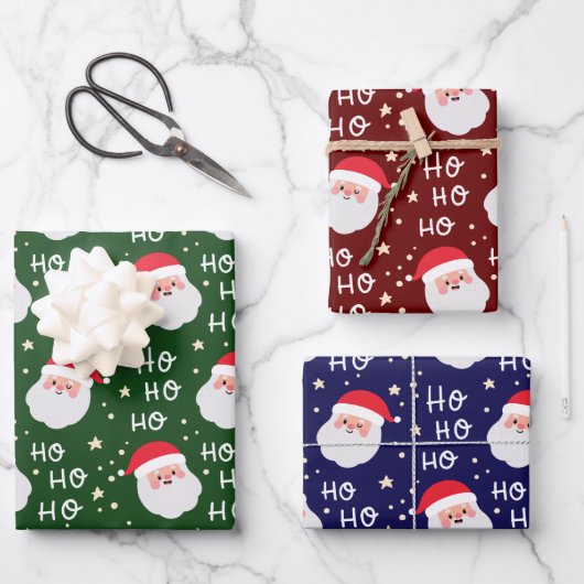 Elegant 3 Santa Face Weihnachten Ho Ho Muster Geschenkpapier Set (Vorderseite)