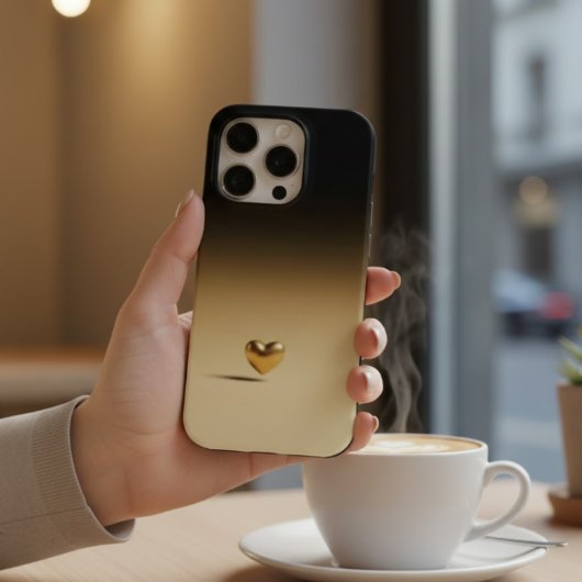 Elegant 3D Gold Heart Minimalist Black & Gold Grad iPhone Hülle