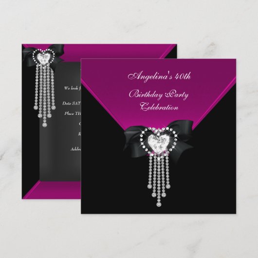 Elegant 40. Geburtstag Party Black Pink Diamond Einladung (Vorne/Hinten)