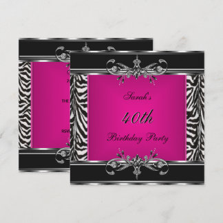Elegant 40. Geburtstag Pink Zebra Black Silver Einladung