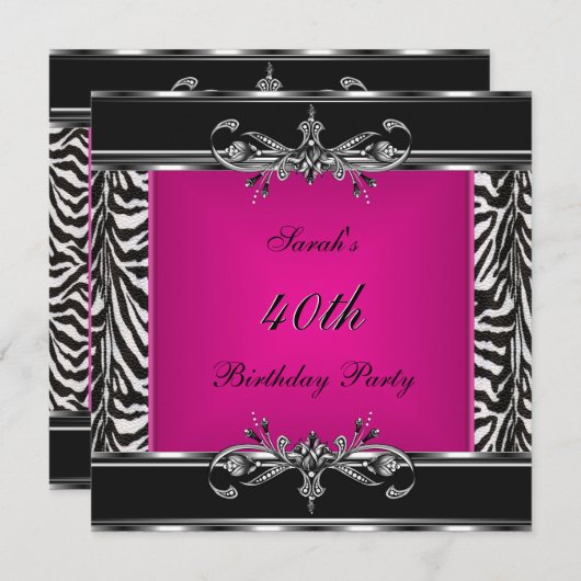 Elegant 40. Geburtstag Pink Zebra Black Silver Einladung (Vorne/Hinten)