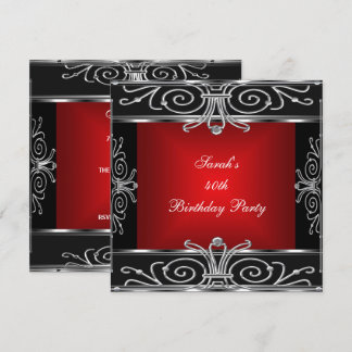 Elegant 40. Geburtstag Rotes Schwarzes Silber Art  Einladung