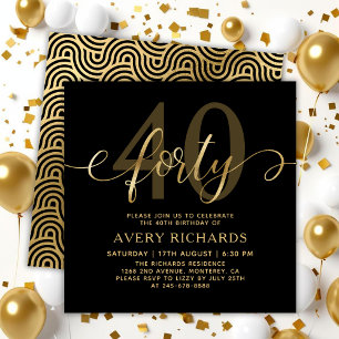 Elegant 40 Gold Script Black 40. Geburtstag Einladung