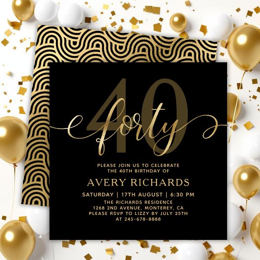 Elegant 40 Gold Script Black 40. Geburtstag Einladung