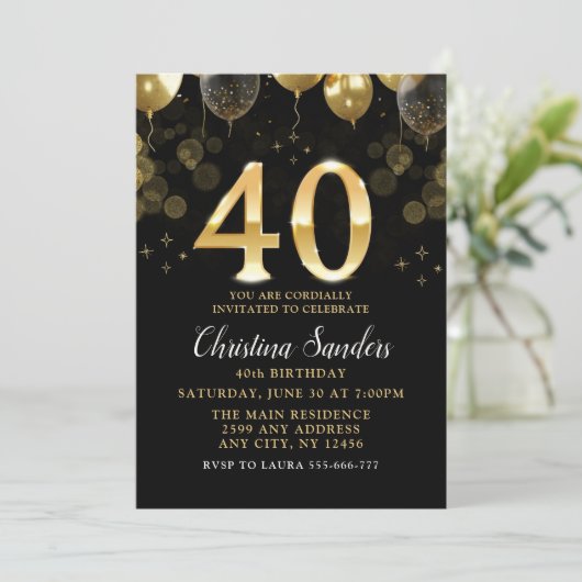 Elegant 40th Birthday Invitation with Gold Ballons Einladung (Stehend Vorderseite)