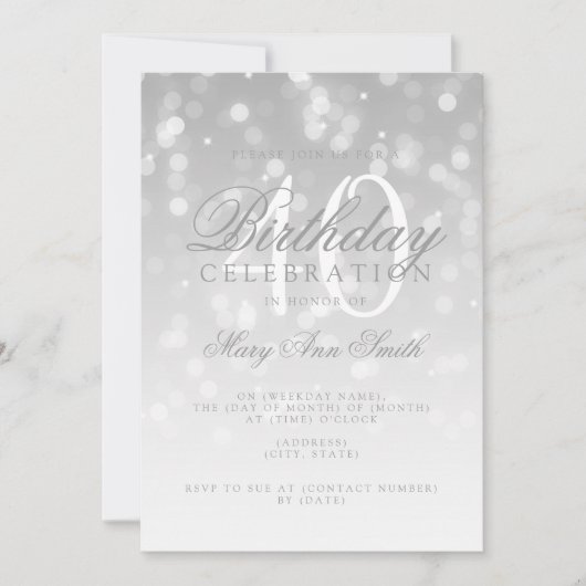 Elegant 40th Birthday Silver Bokeh Sparkle Lights Einladung (Vorderseite)
