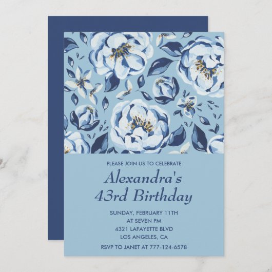 Elegant 43. Geburtstag Einladungen Floral Blue (Vorne/Hinten)