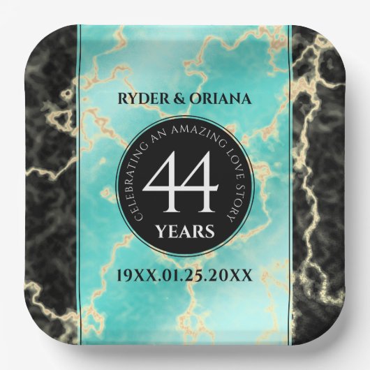 Elegant 44. Hochzeitstag in Türkis Pappteller (Vorderseite)