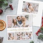 Elegant 4 Foto Collage Gold Script Weihnachten<br><div class="desc">Elegantes, modernes Minimalistisches Weiß und Gold "Frohe Weihnachten" Kalligraphie Script 4 Foto Collage Holiday Card. Diese festliche, skurrile Mimimalistin, vier (4) Foto-Urlaubskarte Vorlage zeigt eine hübsche Foto-Collage und sagt "Frohe Weihnachten"! Der "Frohe Weihnachten"-Grußtext ist in einer schönen Hand geschrieben Wirble Swash-Schwanz-Schriftart-Typ in Gold auf weißem Hintergrund. Auf der Rückseite mit...</div>