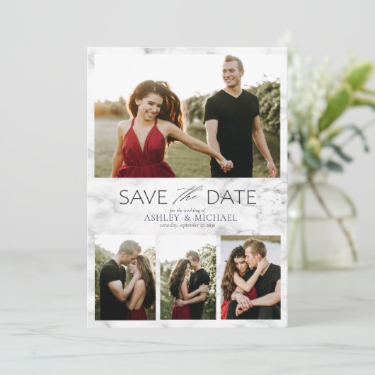 Elegant 4 Foto Marmormarmor Navy Blue Wedding Save The Date (Stehend Vorderseite)