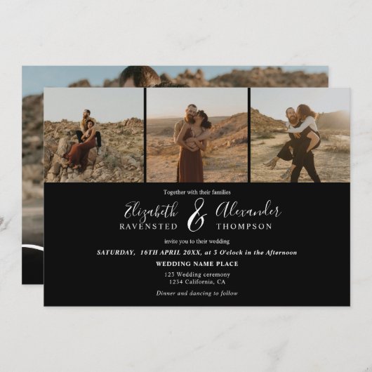 Elegant 4 Fotos moderne Drehbuch Hochzeit weiß Sch Einladung (Vorne/Hinten)