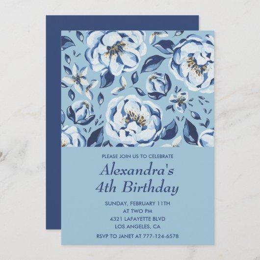 Elegant 4. Geburtstag Einladungen Floral Blue (Vorne/Hinten)
