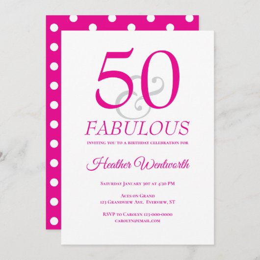 Elegant 50 and Fabulous 50th Birthday Pink Einladung (Vorne/Hinten)