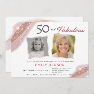 Elegant 50 and Fabulous Rose Gold Photo Birthday Einladung