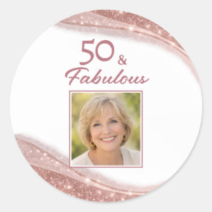Elegant 50 & Fabelhafte Rose Gold Foto Geburtstag  Runder Aufkleber