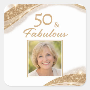 Elegant 50 & Fabulous Gold Foto Geburtstag  Quadratischer Aufkleber