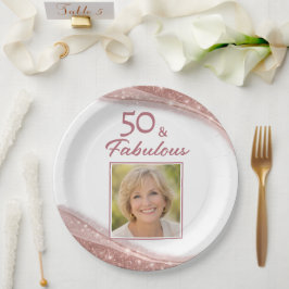Elegant 50 & Fabulous Rose Gold Photo Birthday Pappteller
