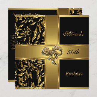 Elegant 50. Geburtstag Black Gold Floral Bow 2 Einladung