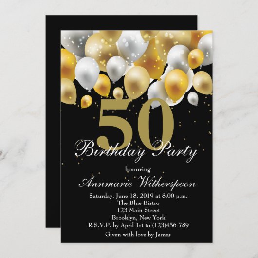 Elegant 50. Geburtstag Einladung Gold Ballons (Vorne/Hinten)