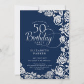Elegant 50. Geburtstag Navy Silver Rose Einladung (Vorderseite)
