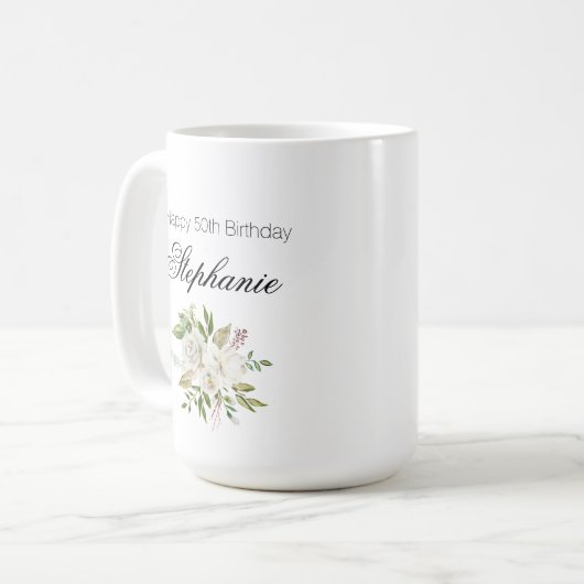 Elegant 50. Geburtstag Weiße Blüte Kaffeetasse (Vorderseite Links)