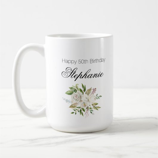 Elegant 50. Geburtstag Weiße Blüte Kaffeetasse (Links)