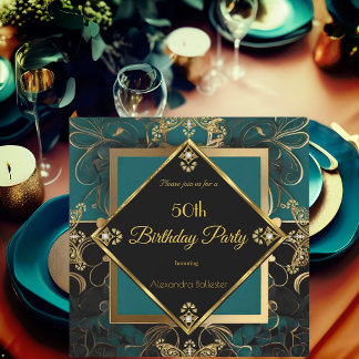 Elegant 50. Geburtstagsparty Jade Gold Black Einladung