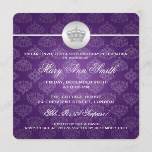 Elegant 50. Geburtstagsparty Royal Crown Lila Einladung