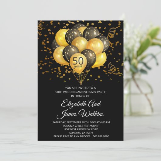 Elegant 50. Hochzeit Jubiläum Gold und Black Einladung (Stehend Vorderseite)
