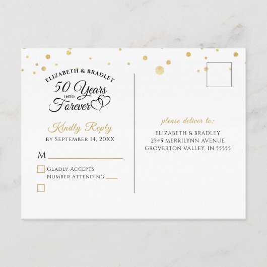 Elegant 50-jähriges Monogram Hearts Gold UAWG Einladungspostkarte (Rückseite)