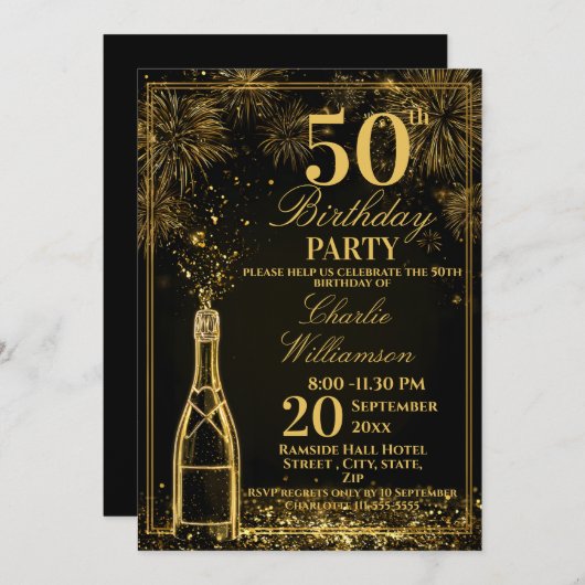 Elegant 50th Birthday Gold Bottle Fizz Einladung (Vorne/Hinten)