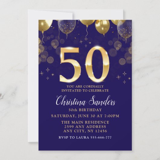 Elegant 50th Birthday Invitation with Gold Ballons Einladung (Vorderseite)