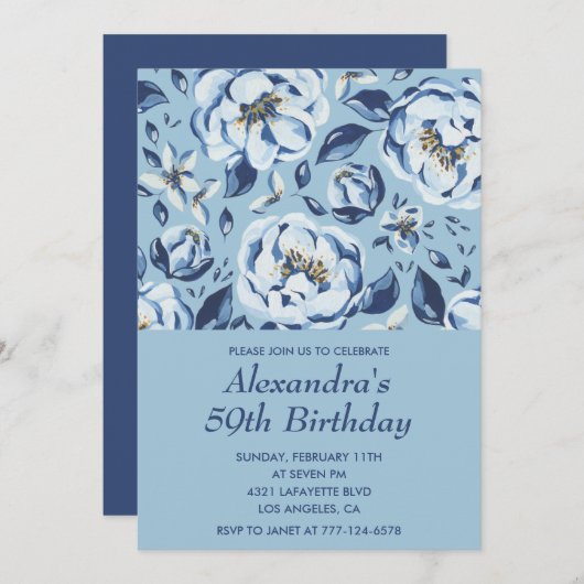 Elegant 59. Geburtstag Einladungen Floral Blue (Vorne/Hinten)
