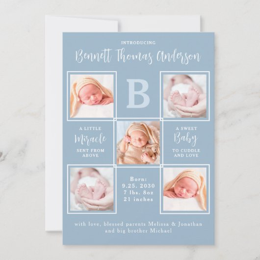 Elegant 5 Foto Collage Neugeborener Baby Boy Birth Ankündigung (Vorderseite)