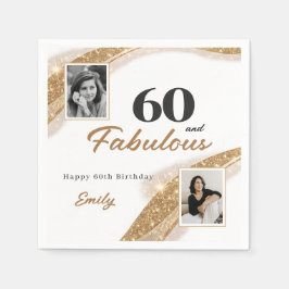 Elegant 60 and Fabulous Gold Photo Birthday Party Serviette