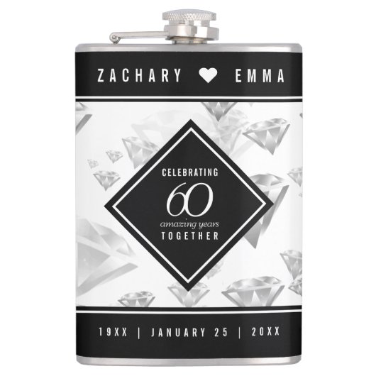 Elegant 60. Diamond Wedding Jubiläum Flachmann (Vorderseite)