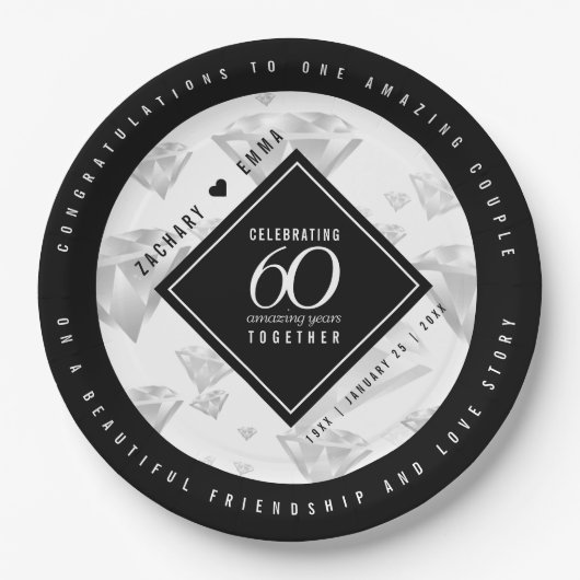 Elegant 60. Diamond Wedding Jubiläum Pappteller (Vorderseite)