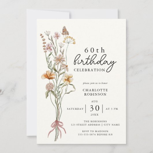 Elegant 60. Floral Geburtstag Einladung (Vorderseite)
