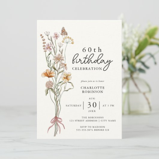 Elegant 60. Floral Geburtstag Einladung (Stehend Vorderseite)
