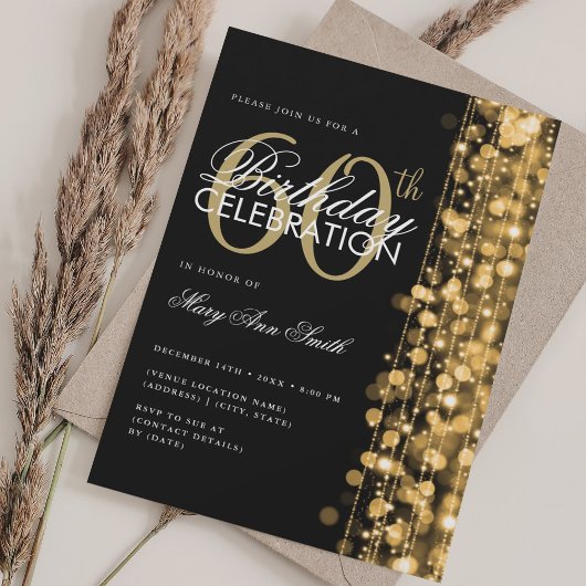 Elegant 60. Geburtstag Glam Glitzern Gold & Black Einladung