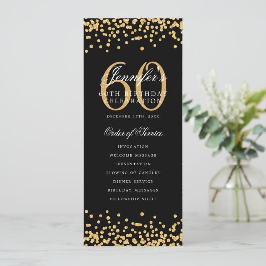 Elegant 60. Geburtstag Programm Gold Black Confett (Stehend Vorderseite)