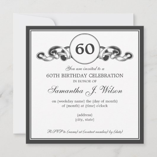Elegant 60. Geburtstag Wirbles Ribbon Schwarz Einladung (Vorderseite)