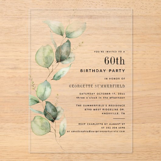 Elegant 60. Geburtstagsparty Eukalyptus Acryleinladungen (Vorderseite)